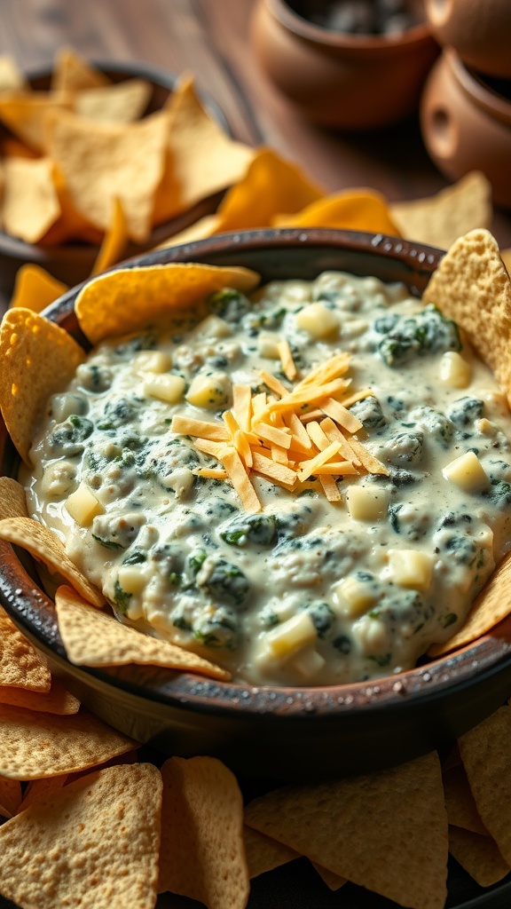 Creamy spinach and artichoke dip in a bowl with tortilla chips on a rustic table.